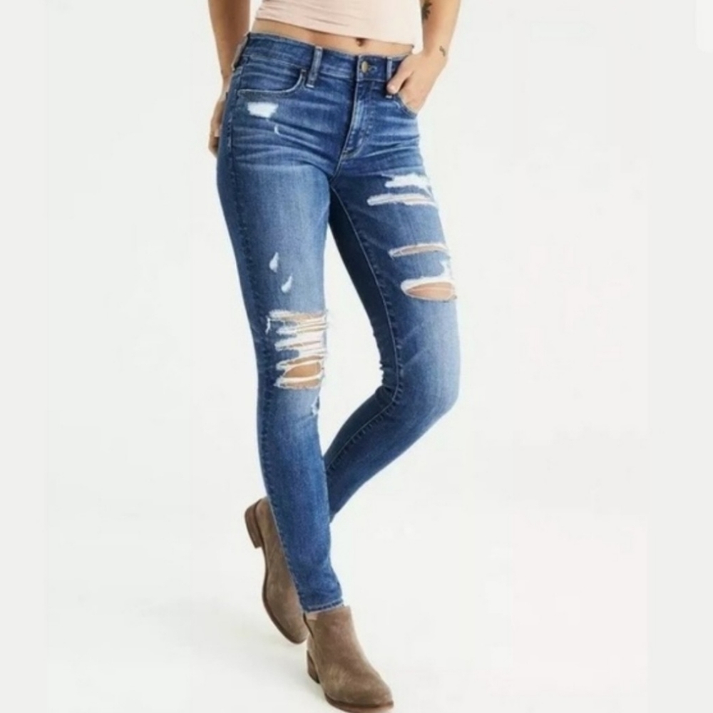 American Eagle Outfitters Women's Distressed Skinny Jeans - Blue